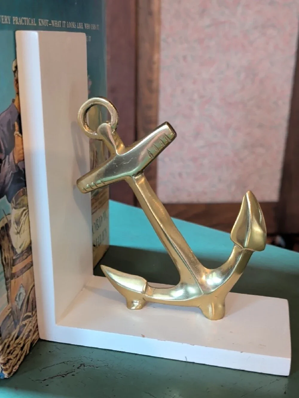 Nautical Brass Anchor Bookends On White Stands